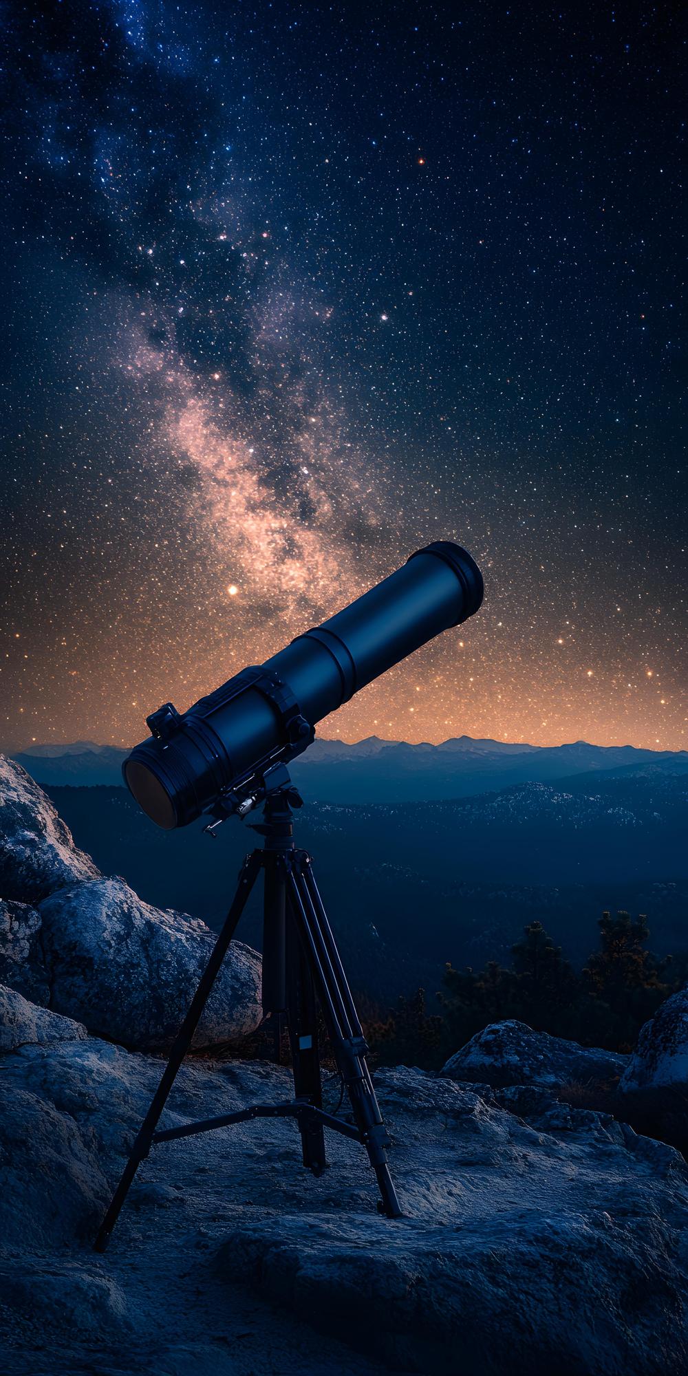 Telescópio refletor sobre tripé apontado para o céu estrelado